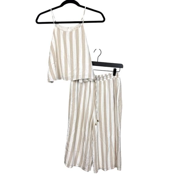 Allie Rose Rayon Pants Set Crop Top Loose Flowy Fit Tan White Stripe Size S - Picture 1 of 11